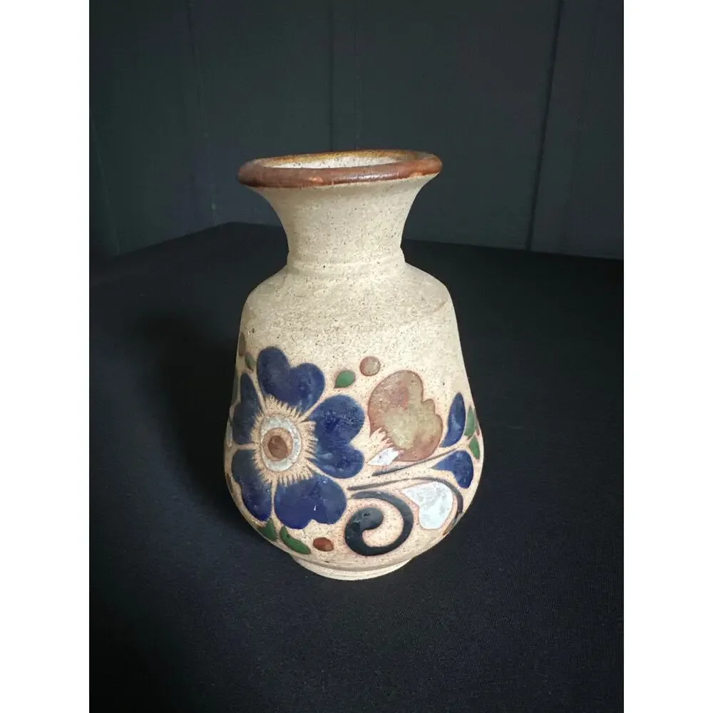 Vintage Mexican Tonala Sandstone Bud Vase Hand Painted Floral Folk Art Pottery - Picture 3 of 9